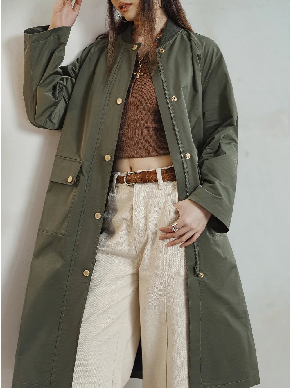 Trench femme long kaki