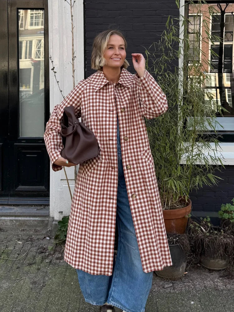 Trench long femme à carreaux