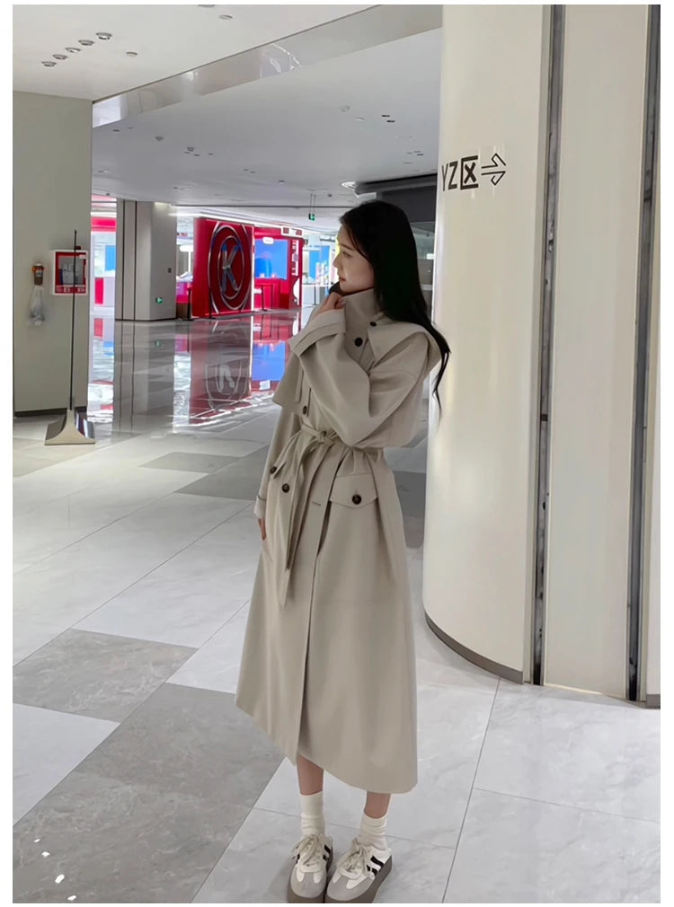 Trench long femme kaki capuche