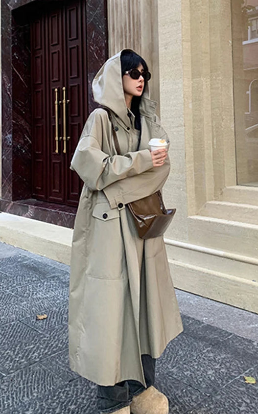 Trench long femme kaki capuche