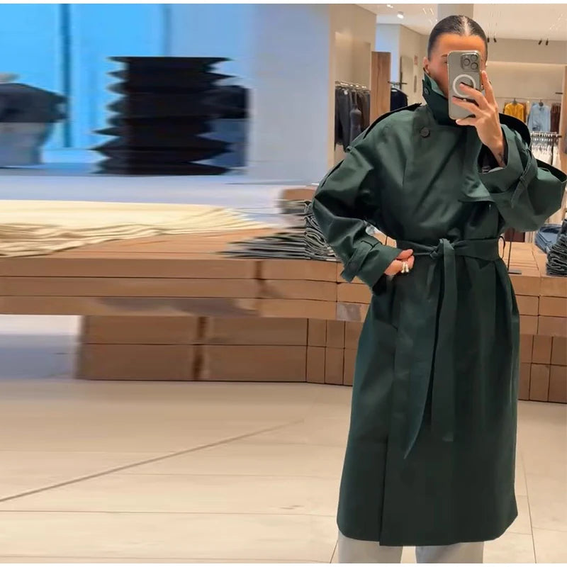 Trench long femme kaki