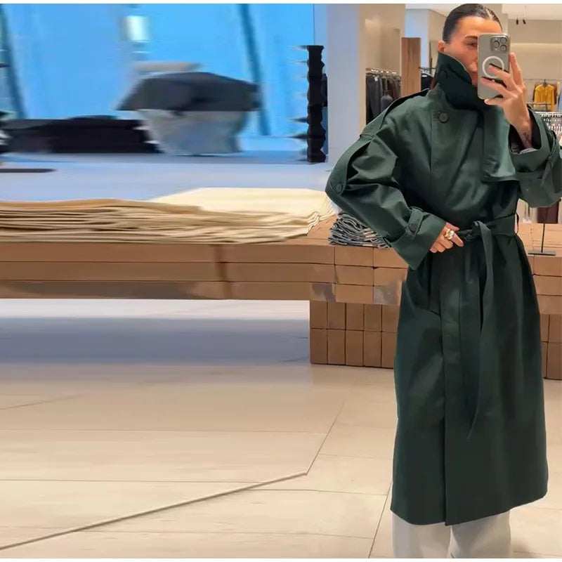 Trench long femme kaki