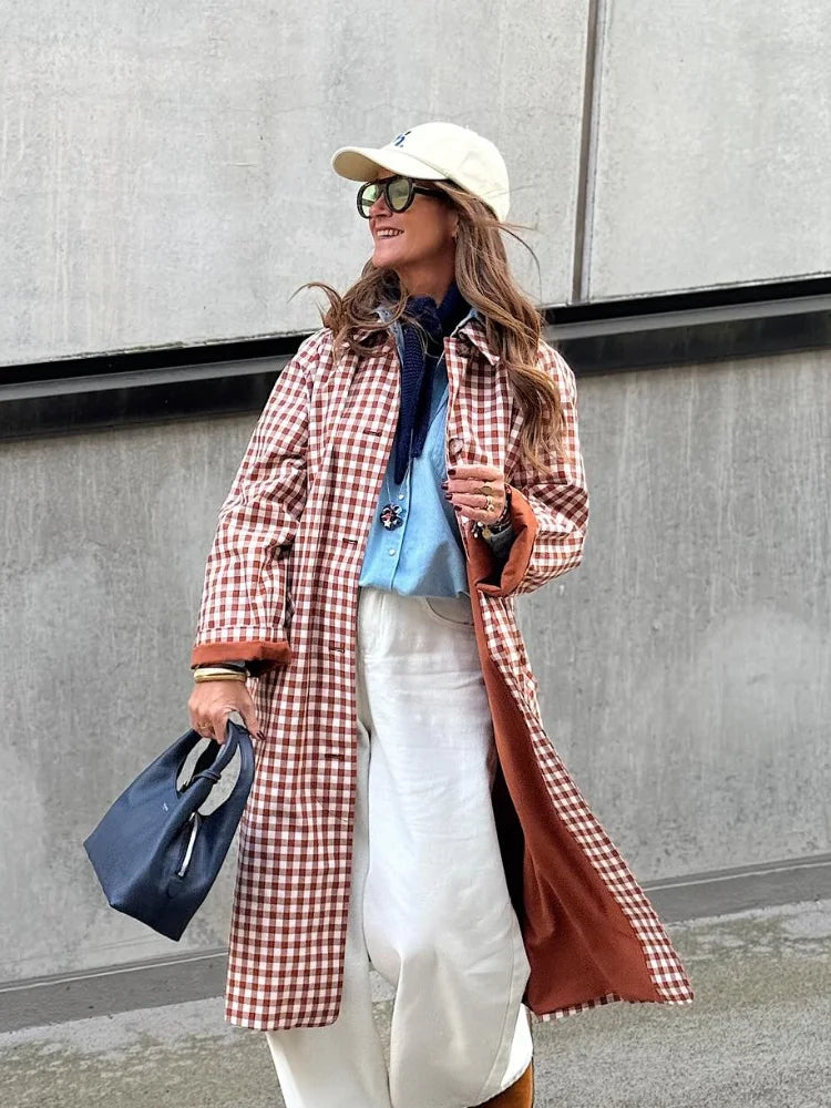 Trench long femme à carreaux
