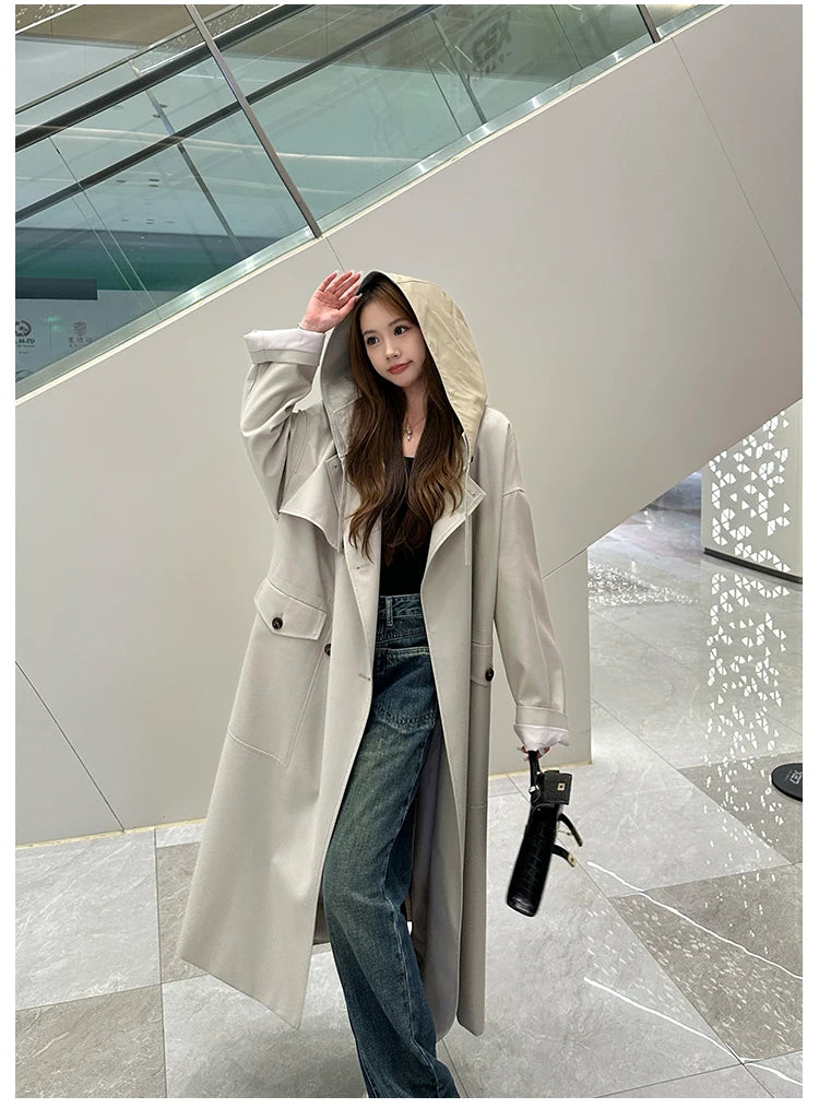 Trench long femme kaki capuche