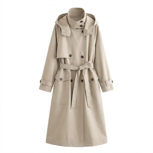 Trench long femme kaki capuche